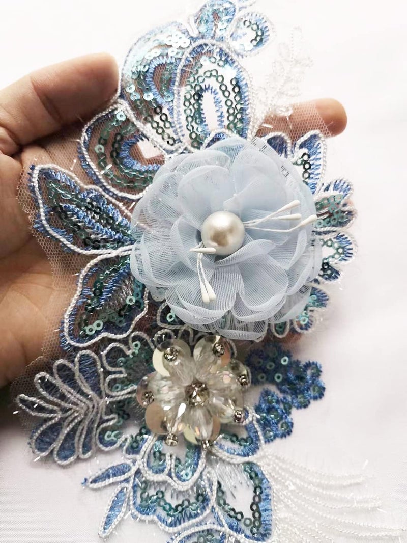 Ruinuo 3D Lace Beads Flower Applique Patches Sew on Patches Floral Embroidered Appliques Colorful Sewing Wedding Dress Handmade Decor Blue - Image 5